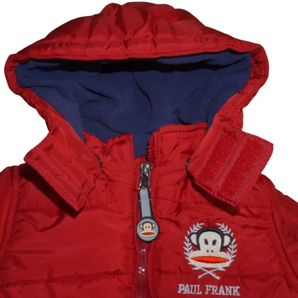 Paul Frank Baby Puffer Jacket 18M Red Hooded Winter Coat Fleece Lined Monkey Log